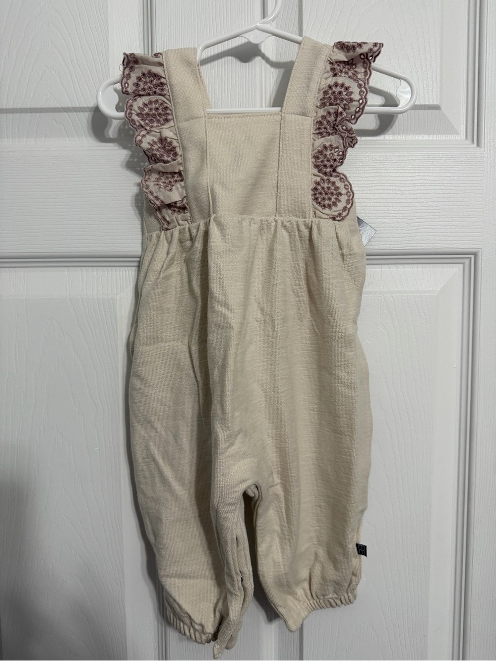 Cream Ruffle-Shoulder Girls' Overalls